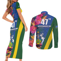 Solomon Islands Independence Day Couples Matching Short Sleeve Bodycon Dress and Long Sleeve Button Shirt Coat Of Arms With Tropical Flowers