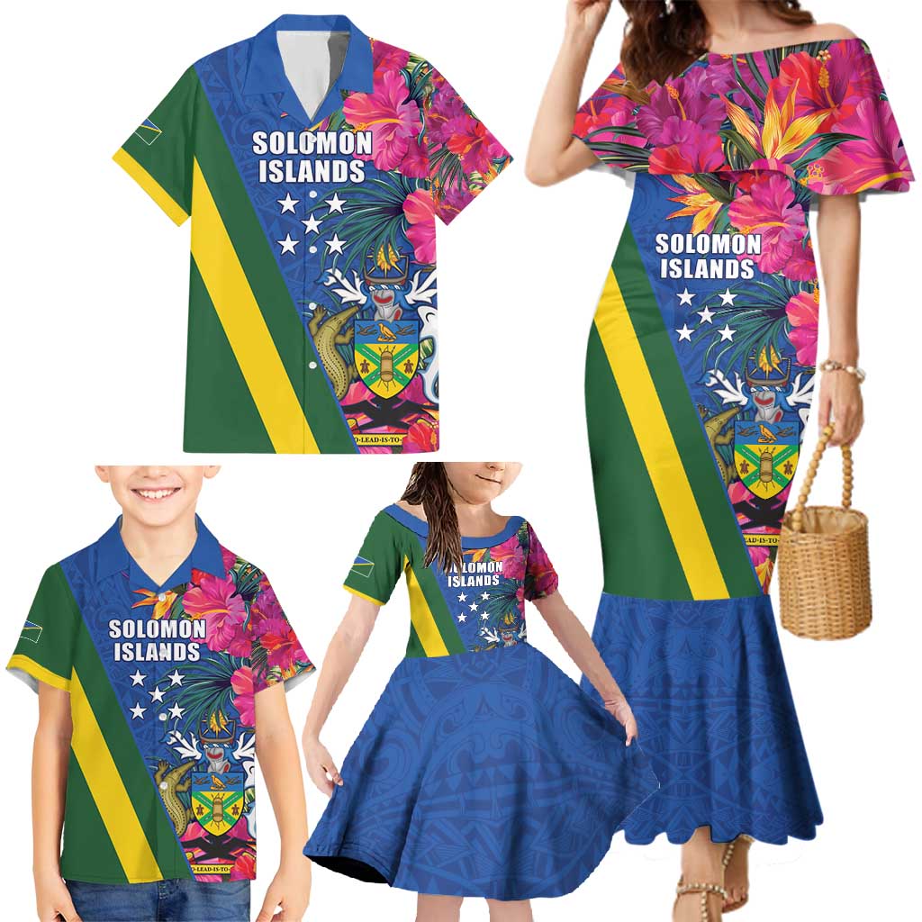 Solomon Islands Independence Day Family Matching Mermaid Dress and Hawaiian Shirt Coat Of Arms With Tropical Flowers
