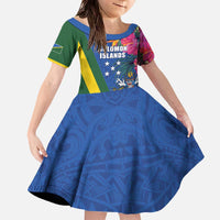 Solomon Islands Independence Day Family Matching Off The Shoulder Long Sleeve Dress and Hawaiian Shirt Coat Of Arms With Tropical Flowers