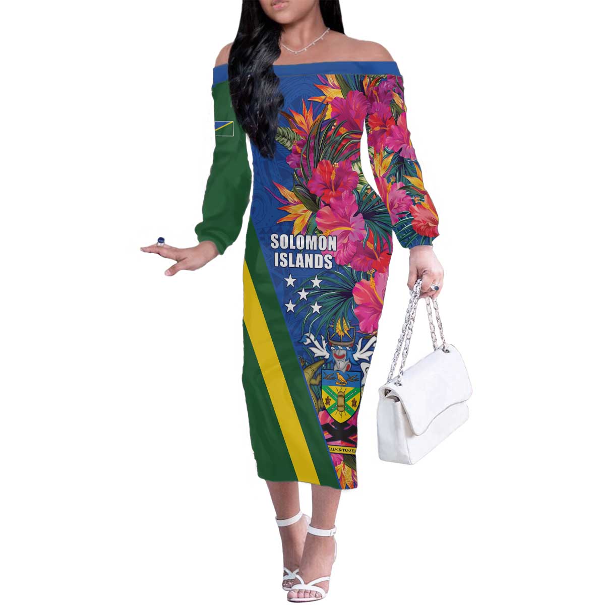 Solomon Islands Independence Day Family Matching Off The Shoulder Long Sleeve Dress and Hawaiian Shirt Coat Of Arms With Tropical Flowers