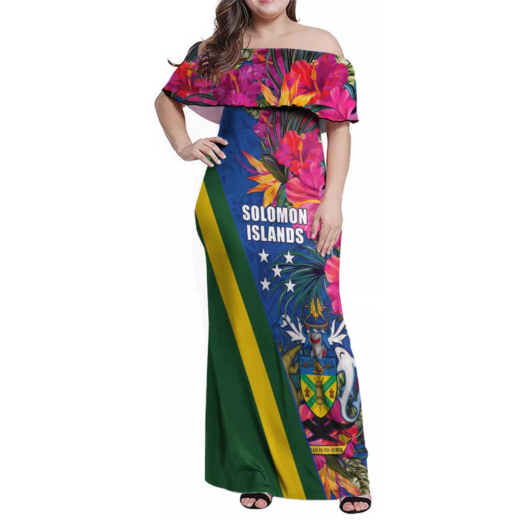Solomon Islands Independence Day Family Matching Off Shoulder Maxi Dress and Hawaiian Shirt Coat Of Arms With Tropical Flowers