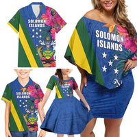 Solomon Islands Independence Day Family Matching Off Shoulder Short Dress and Hawaiian Shirt Coat Of Arms With Tropical Flowers