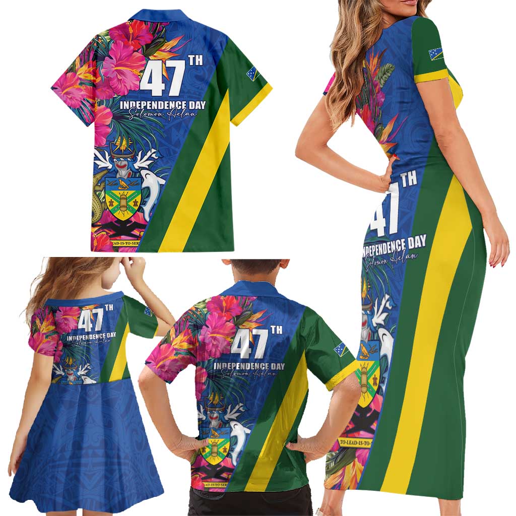 Solomon Islands Independence Day Family Matching Short Sleeve Bodycon Dress and Hawaiian Shirt Coat Of Arms With Tropical Flowers