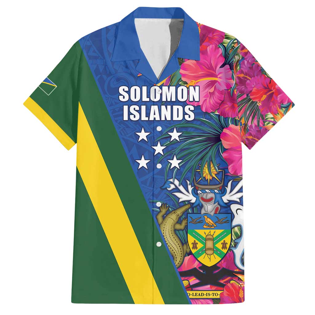 Solomon Islands Independence Day Family Matching Summer Maxi Dress and Hawaiian Shirt Coat Of Arms With Tropical Flowers LT05 Dad's Shirt - Short Sleeve Blue - Polynesian Pride