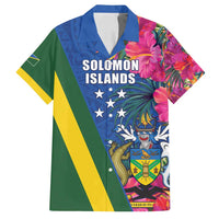 Solomon Islands Independence Day Family Matching Summer Maxi Dress and Hawaiian Shirt Coat Of Arms With Tropical Flowers LT05 Dad's Shirt - Short Sleeve Blue - Polynesian Pride