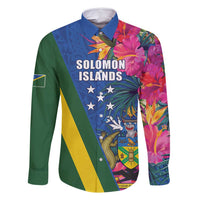 Solomon Islands Independence Day Family Matching Summer Maxi Dress and Hawaiian Shirt Coat Of Arms With Tropical Flowers LT05 Dad's Shirt - Long Sleeve Blue - Polynesian Pride