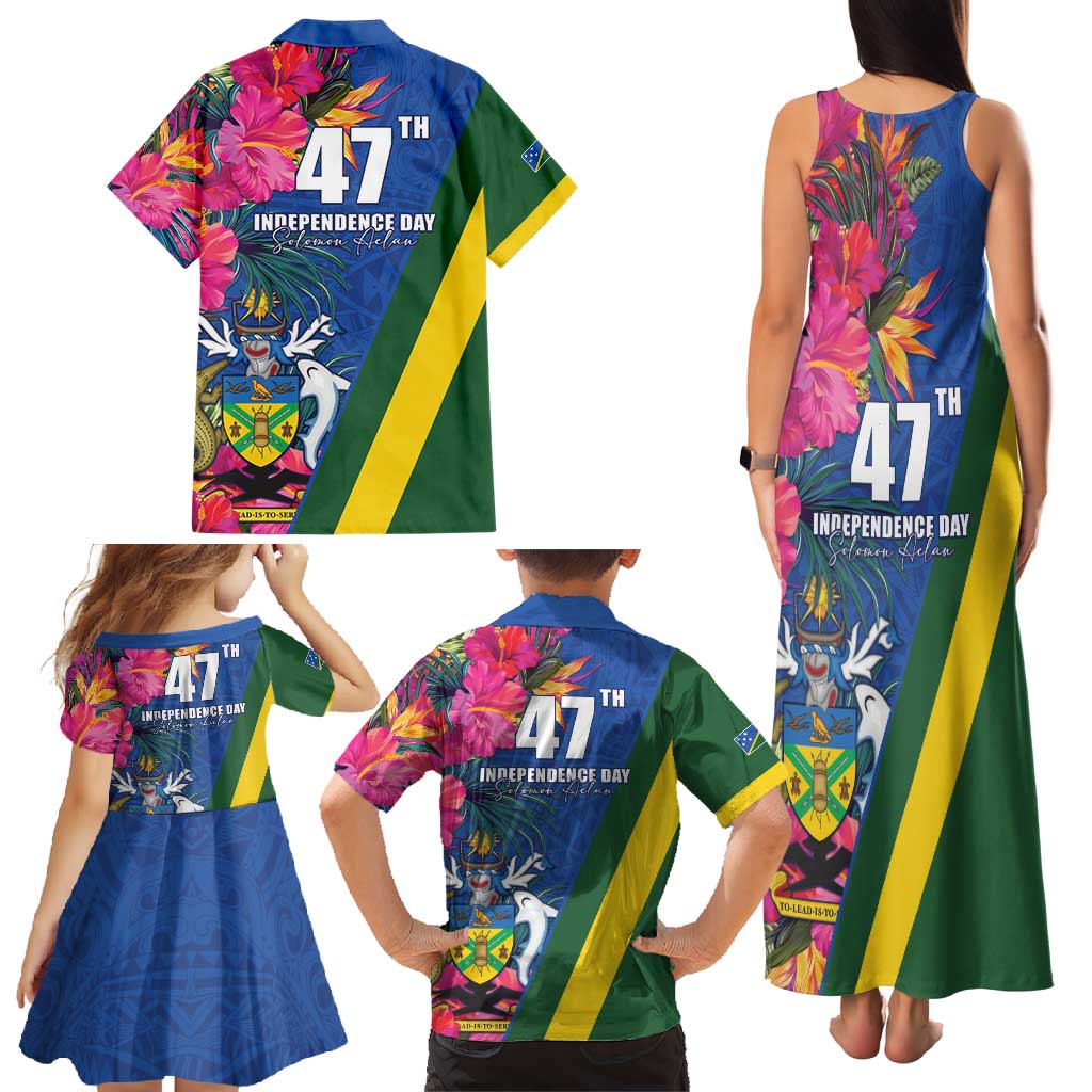 Solomon Islands Independence Day Family Matching Tank Maxi Dress and Hawaiian Shirt Coat Of Arms With Tropical Flowers
