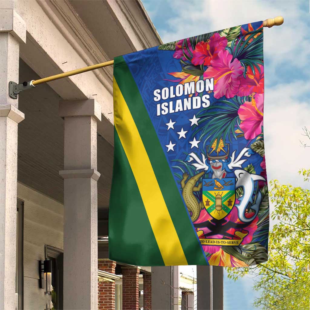 Solomon Islands Independence Day Garden Flag Coat Of Arms With Tropical Flowers