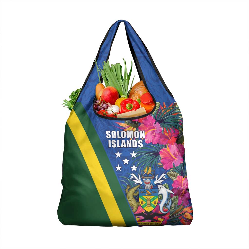Solomon Islands Independence Day Grocery Bag Coat Of Arms With Tropical Flowers