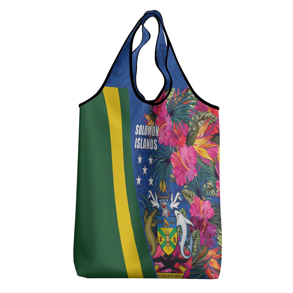 Solomon Islands Independence Day Grocery Bag Coat Of Arms With Tropical Flowers