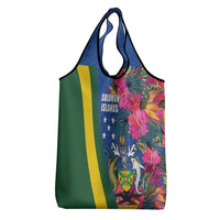 Solomon Islands Independence Day Grocery Bag Coat Of Arms With Tropical Flowers