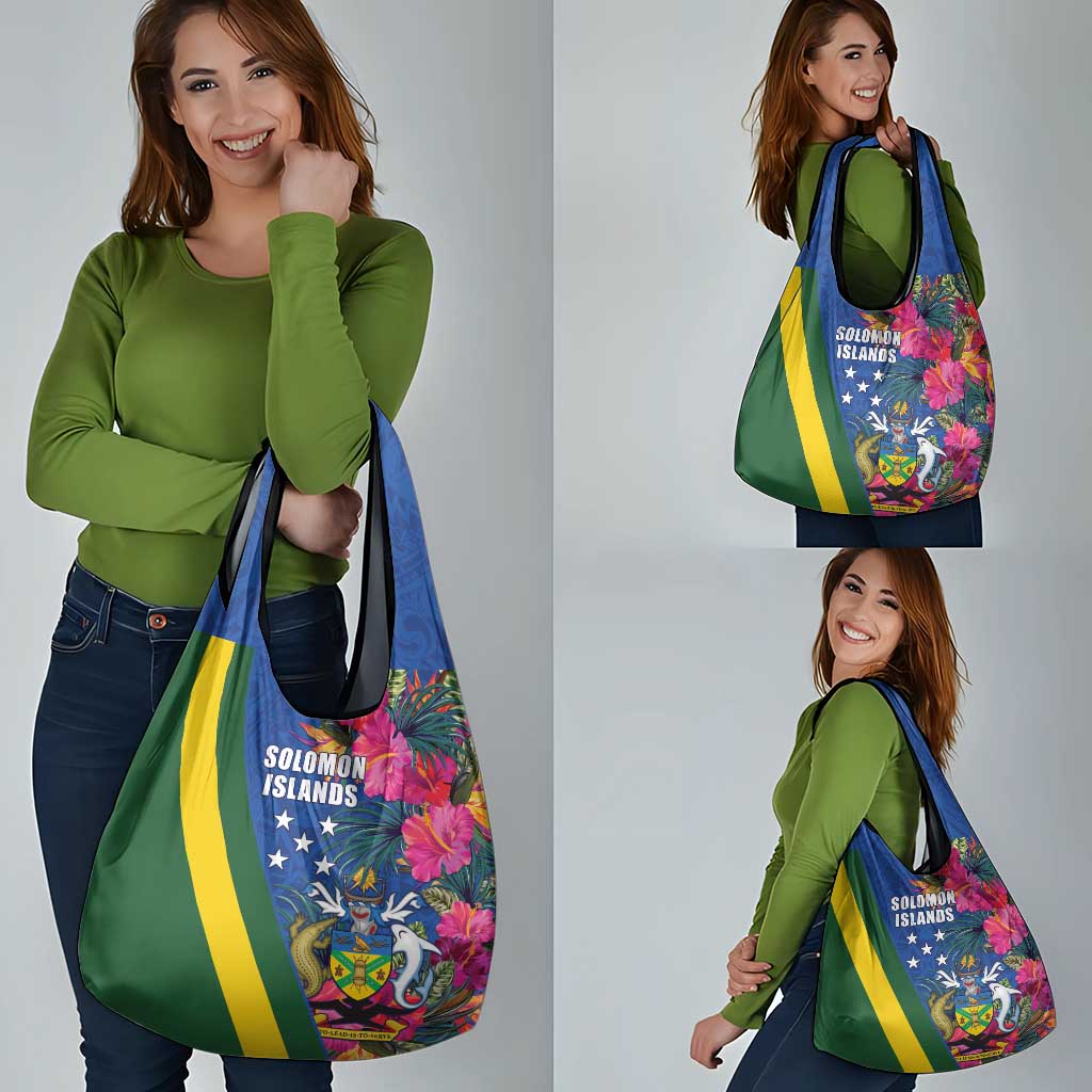 Solomon Islands Independence Day Grocery Bag Coat Of Arms With Tropical Flowers