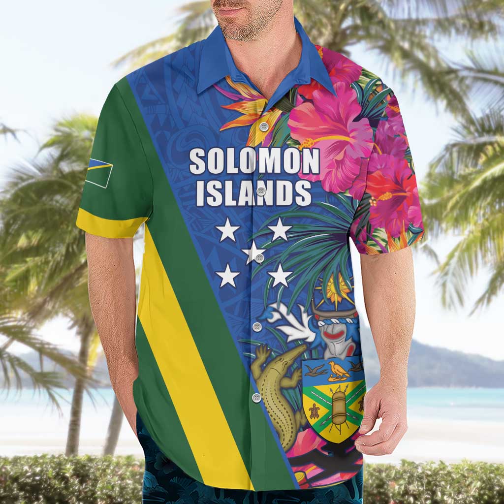 Solomon Islands Independence Day Hawaiian Shirt Coat Of Arms With Tropical Flowers