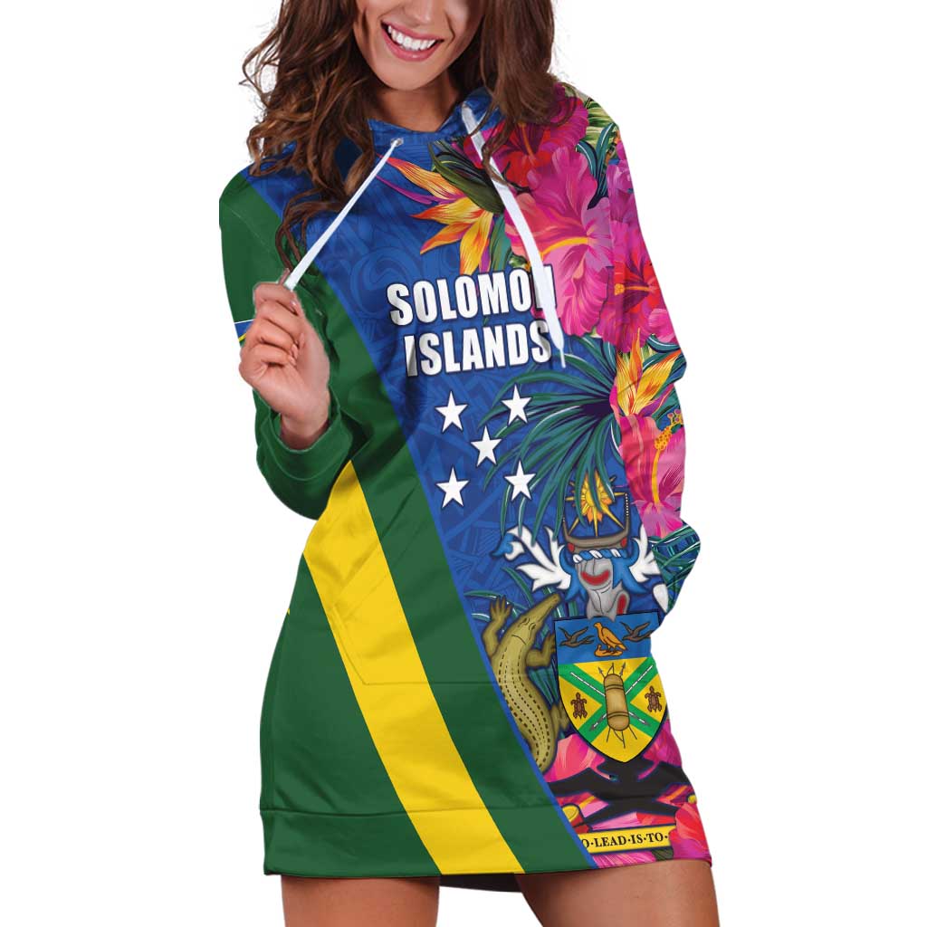 Solomon Islands Independence Day Hoodie Dress Coat Of Arms With Tropical Flowers