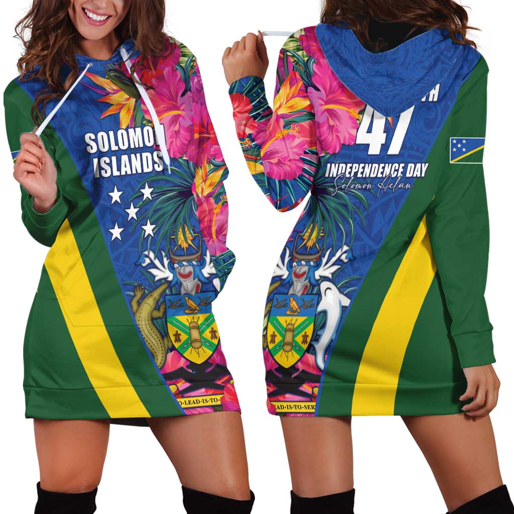 Solomon Islands Independence Day Hoodie Dress Coat Of Arms With Tropical Flowers