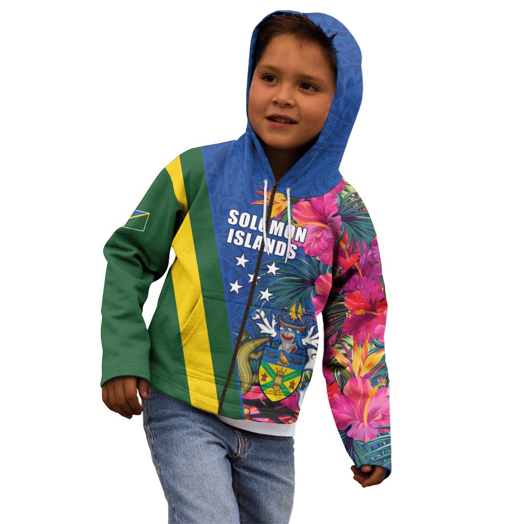 Solomon Islands Independence Day Kid Hoodie Coat Of Arms With Tropical Flowers
