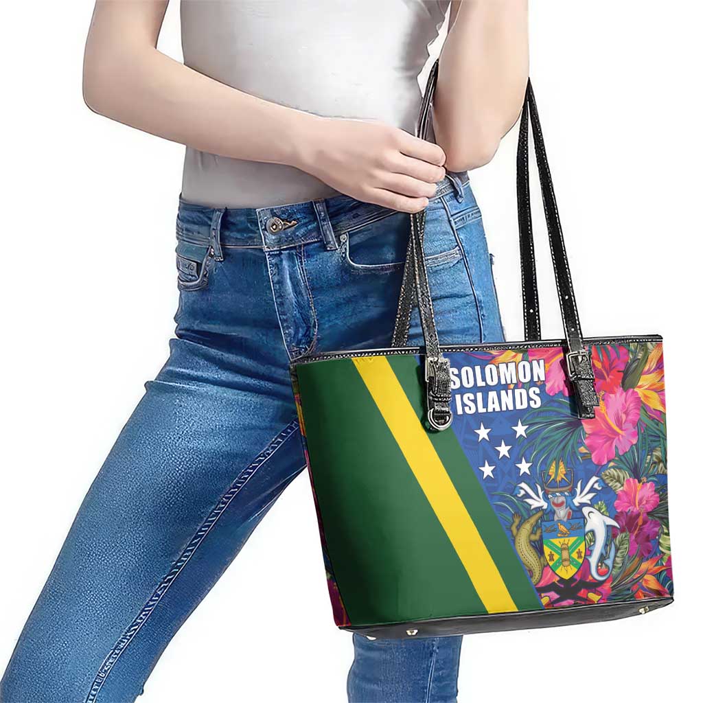 Solomon Islands Independence Day Leather Tote Bag Coat Of Arms With Tropical Flowers