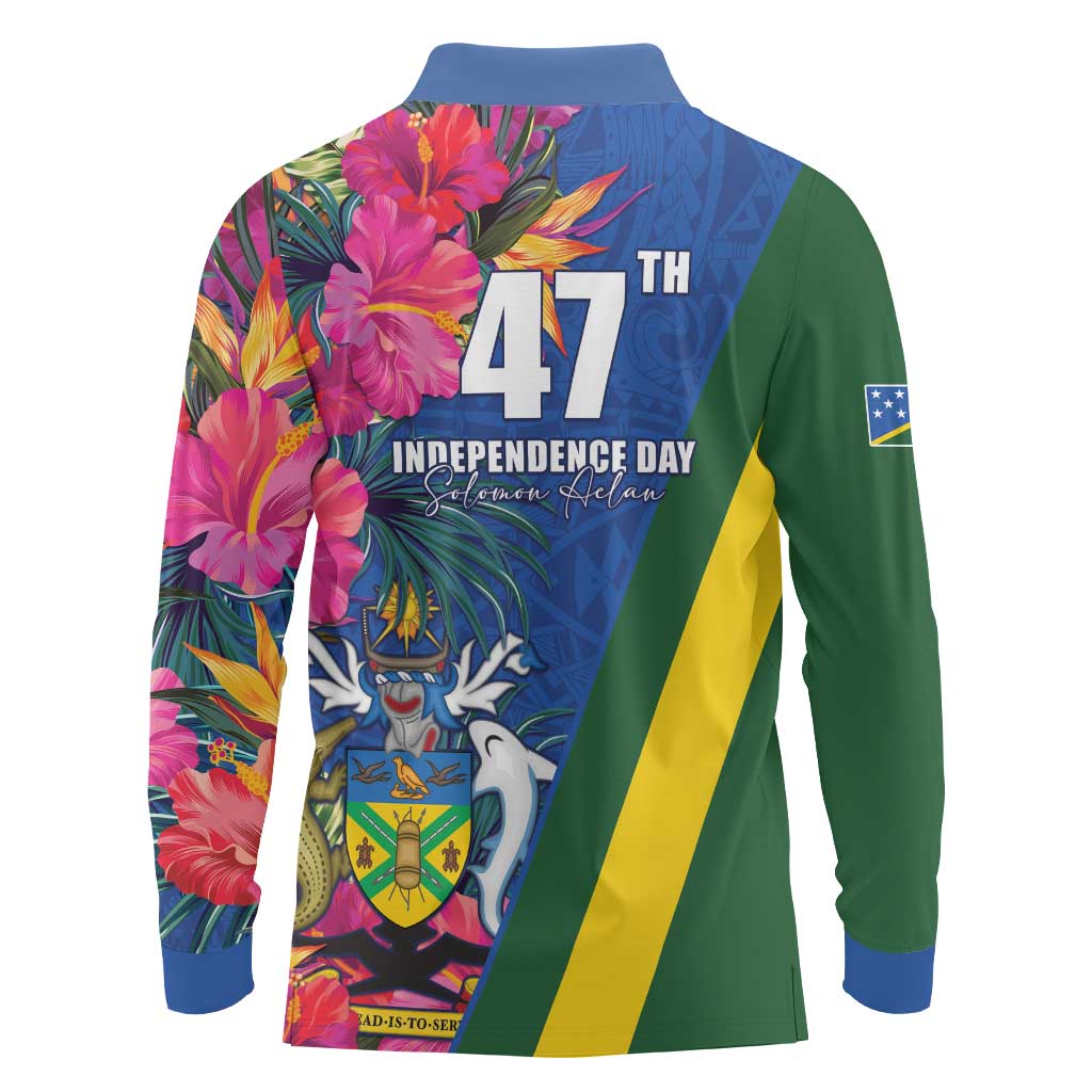 Solomon Islands Independence Day Long Sleeve Polo Shirt Coat Of Arms With Tropical Flowers