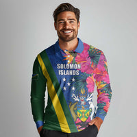 Solomon Islands Independence Day Long Sleeve Polo Shirt Coat Of Arms With Tropical Flowers