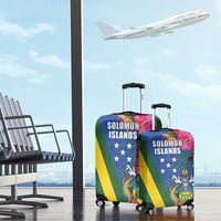 Solomon Islands Independence Day Luggage Cover Coat Of Arms With Tropical Flowers