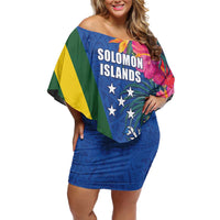 Solomon Islands Independence Day Off Shoulder Short Dress Coat Of Arms With Tropical Flowers