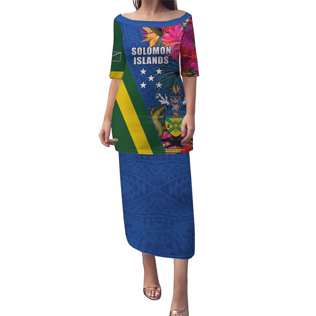 Solomon Islands Independence Day Puletasi Coat Of Arms With Tropical Flowers