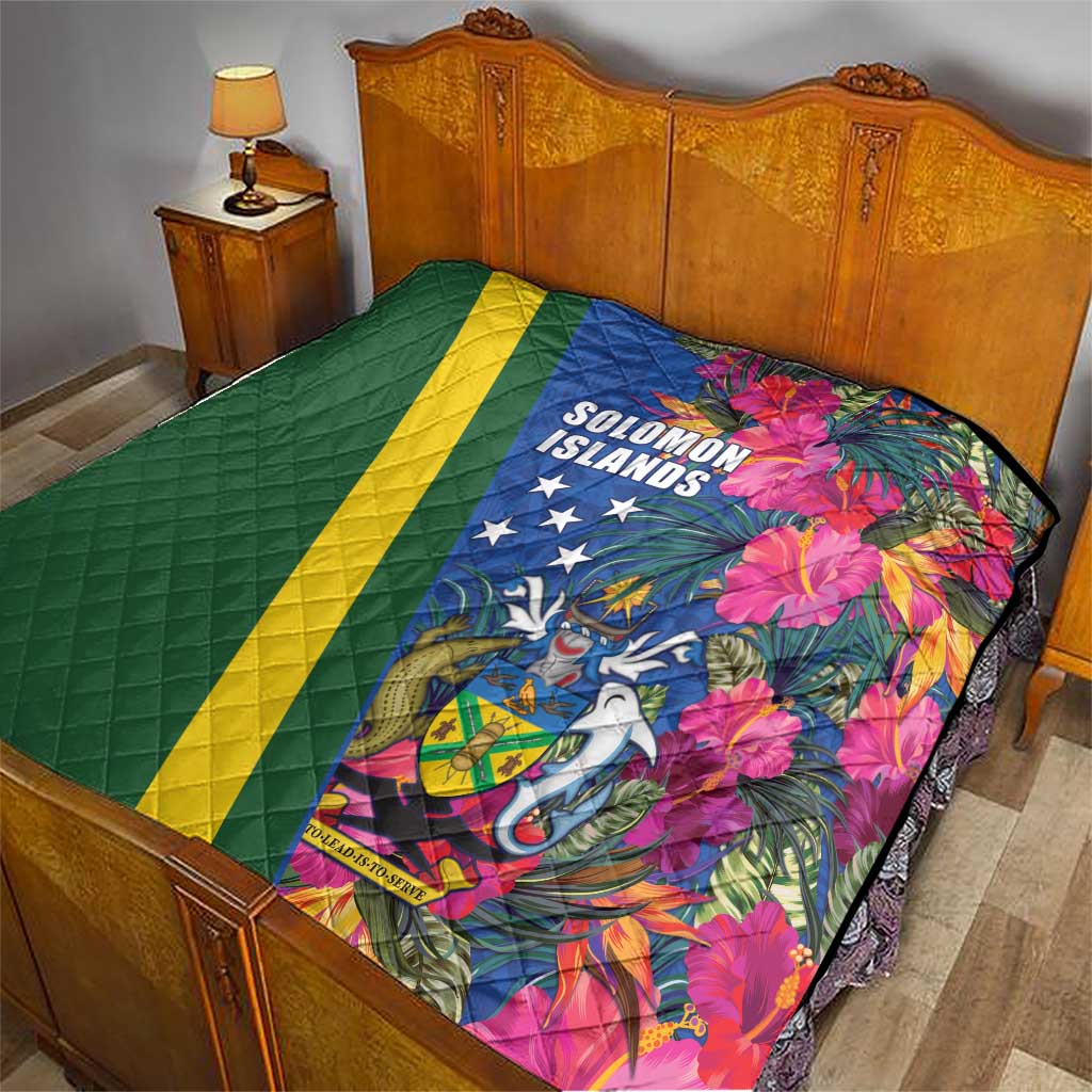Solomon Islands Independence Day Quilt Coat Of Arms With Tropical Flowers