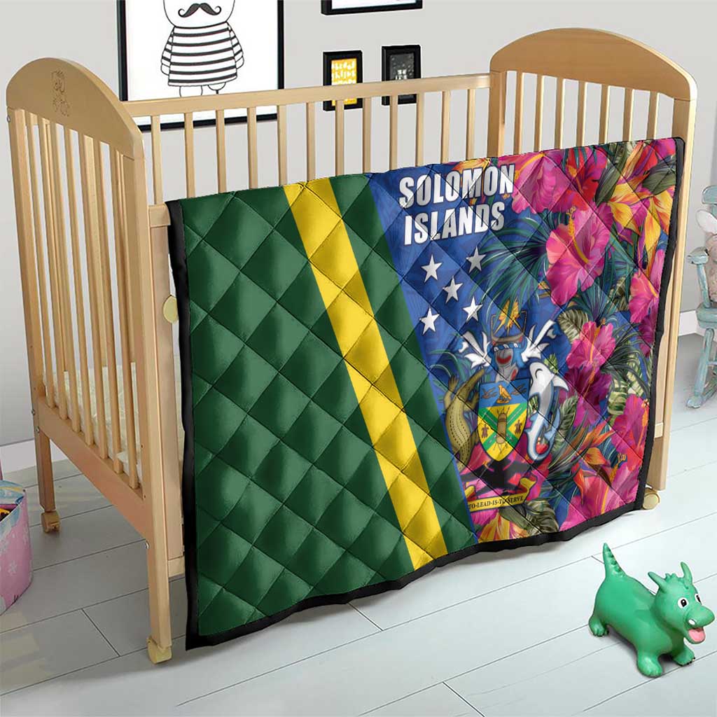 Solomon Islands Independence Day Quilt Coat Of Arms With Tropical Flowers