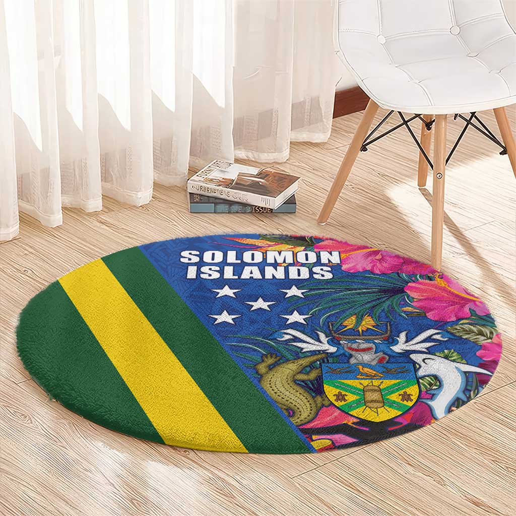 Solomon Islands Independence Day Round Carpet Coat Of Arms With Tropical Flowers