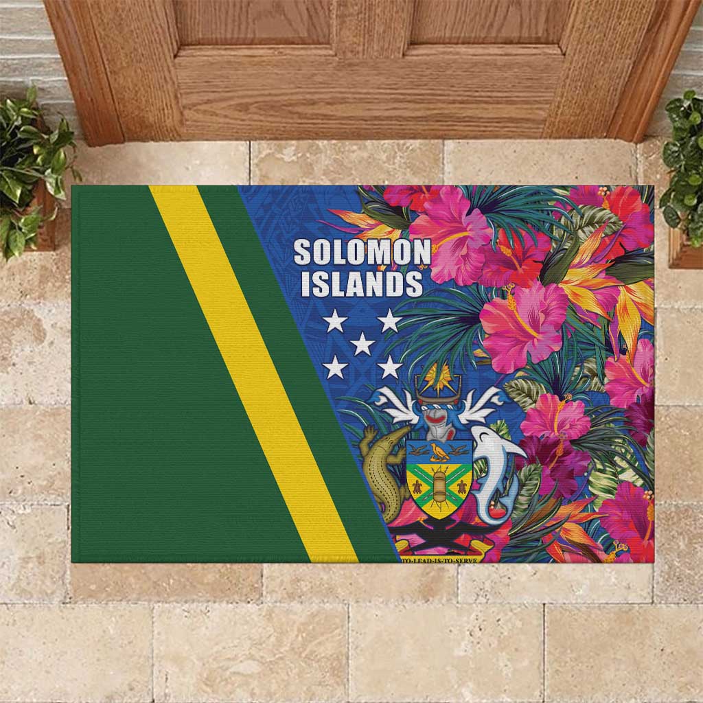 Solomon Islands Independence Day Rubber Doormat Coat Of Arms With Tropical Flowers LT05 Blue - Polynesian Pride