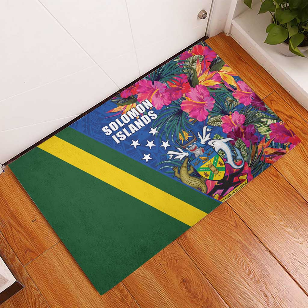 Solomon Islands Independence Day Rubber Doormat Coat Of Arms With Tropical Flowers LT05 - Polynesian Pride