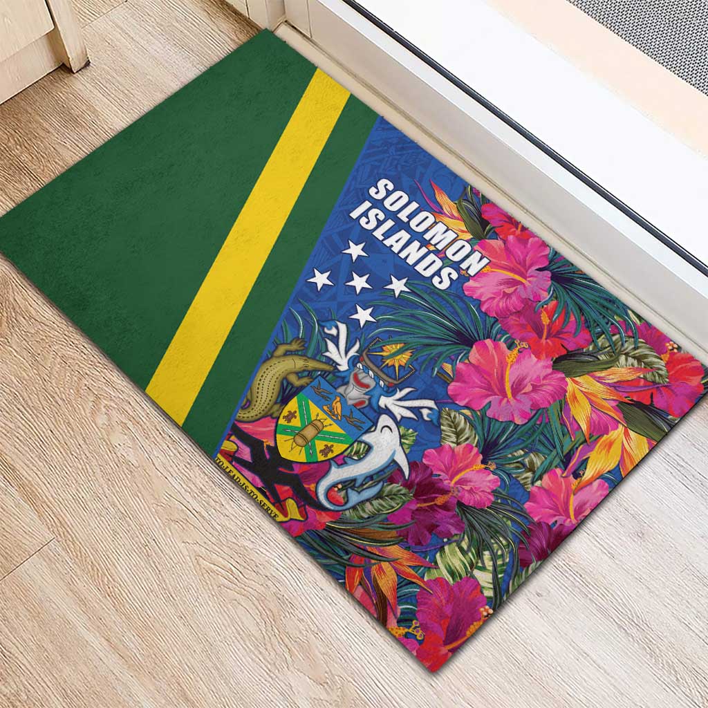 Solomon Islands Independence Day Rubber Doormat Coat Of Arms With Tropical Flowers LT05 - Polynesian Pride