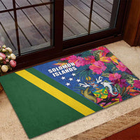 Solomon Islands Independence Day Rubber Doormat Coat Of Arms With Tropical Flowers LT05 - Polynesian Pride