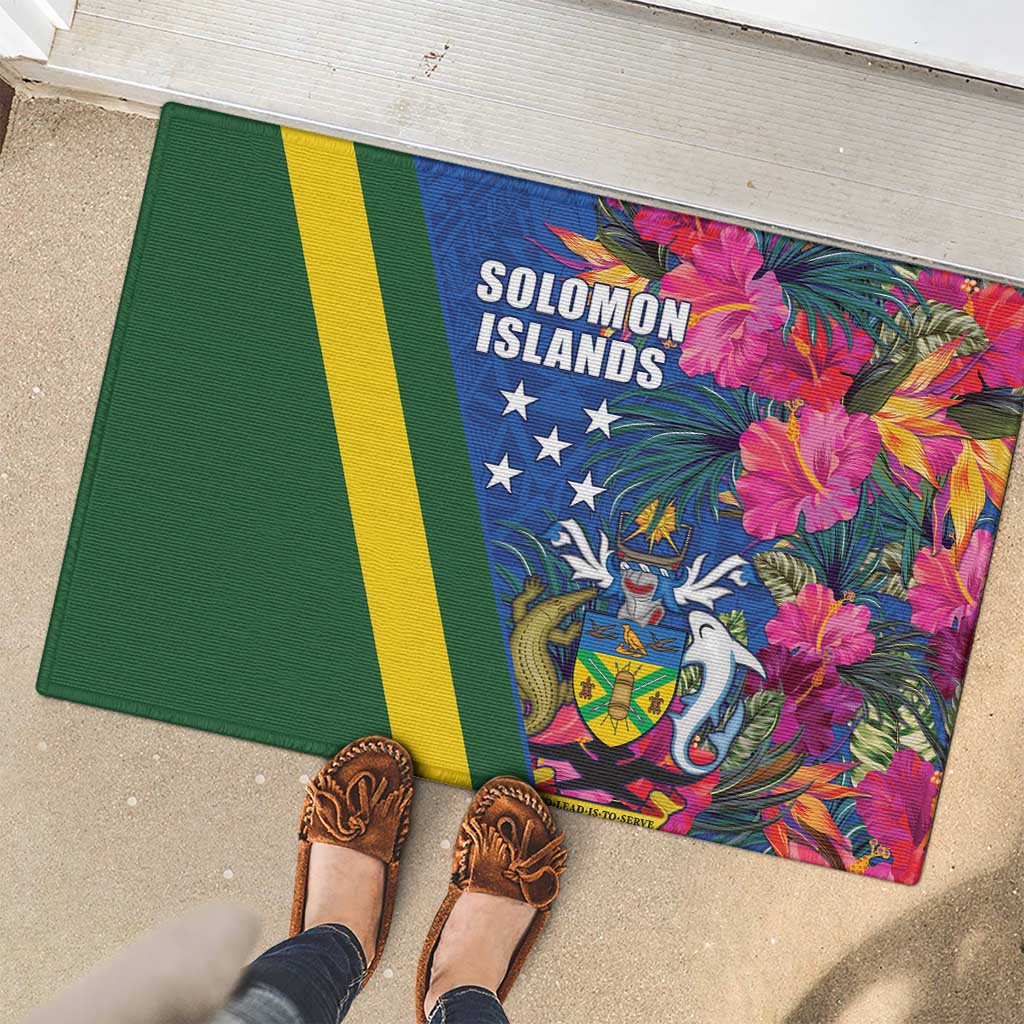 Solomon Islands Independence Day Rubber Doormat Coat Of Arms With Tropical Flowers LT05 - Polynesian Pride