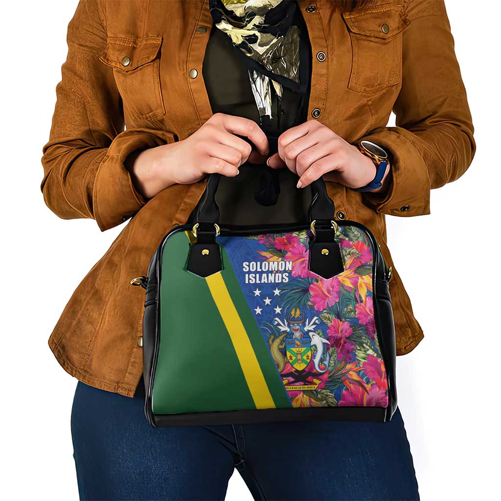 Solomon Islands Independence Day Shoulder Handbag Coat Of Arms With Tropical Flowers