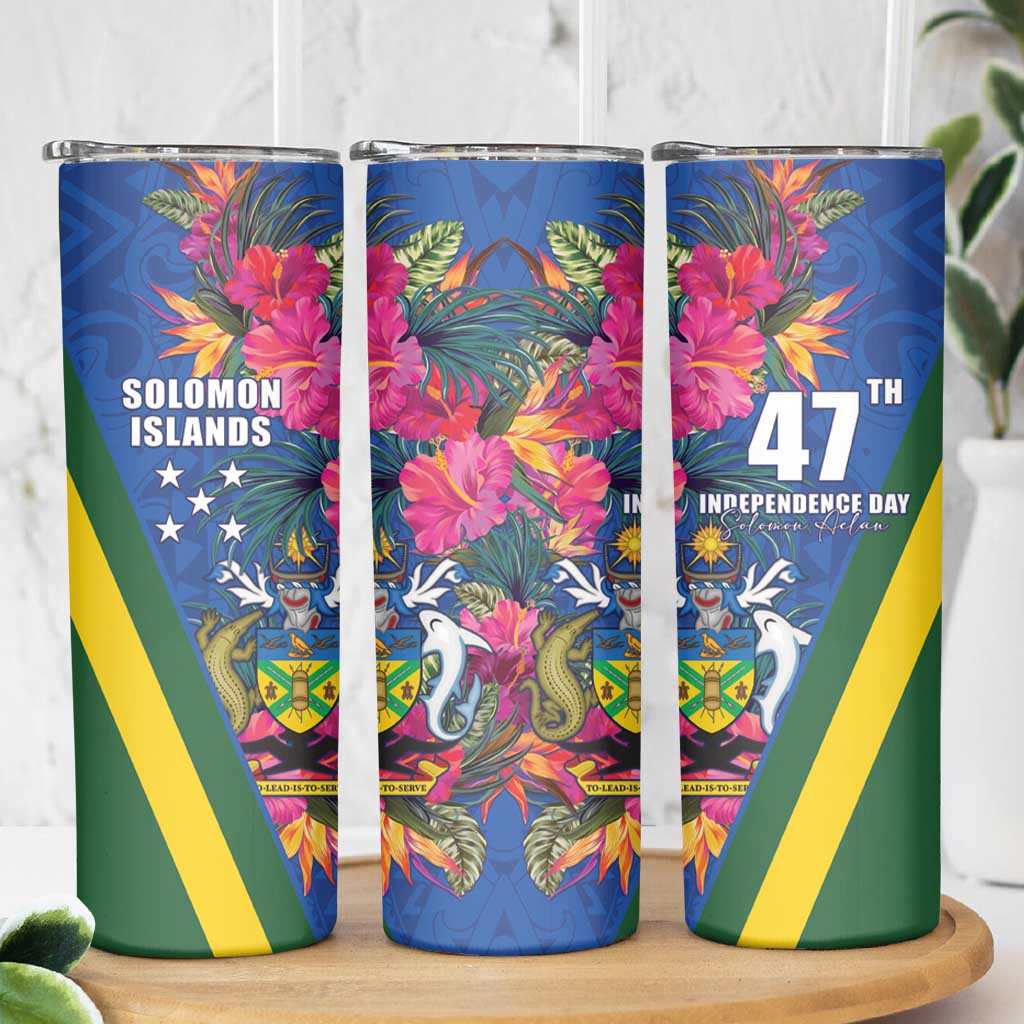 Solomon Islands Independence Day Skinny Tumbler Coat Of Arms With Tropical Flowers