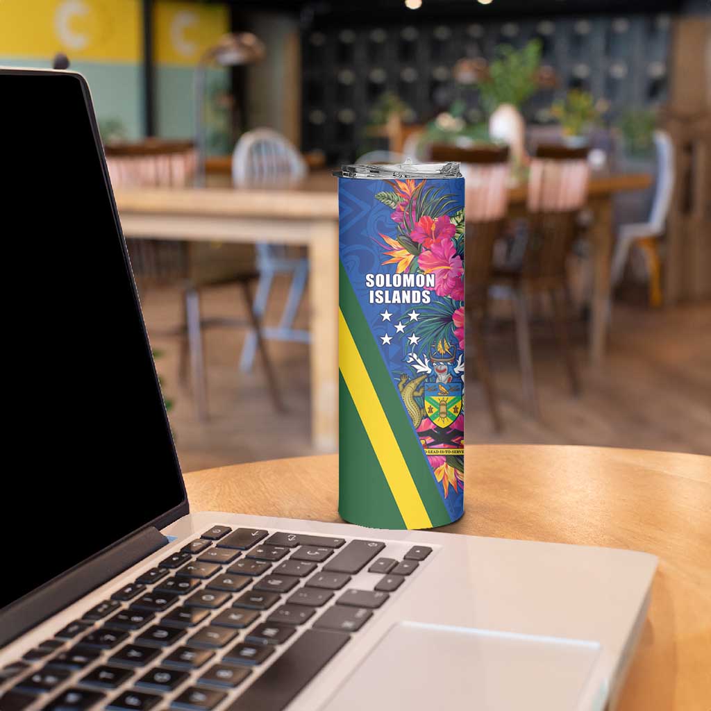 Solomon Islands Independence Day Skinny Tumbler Coat Of Arms With Tropical Flowers