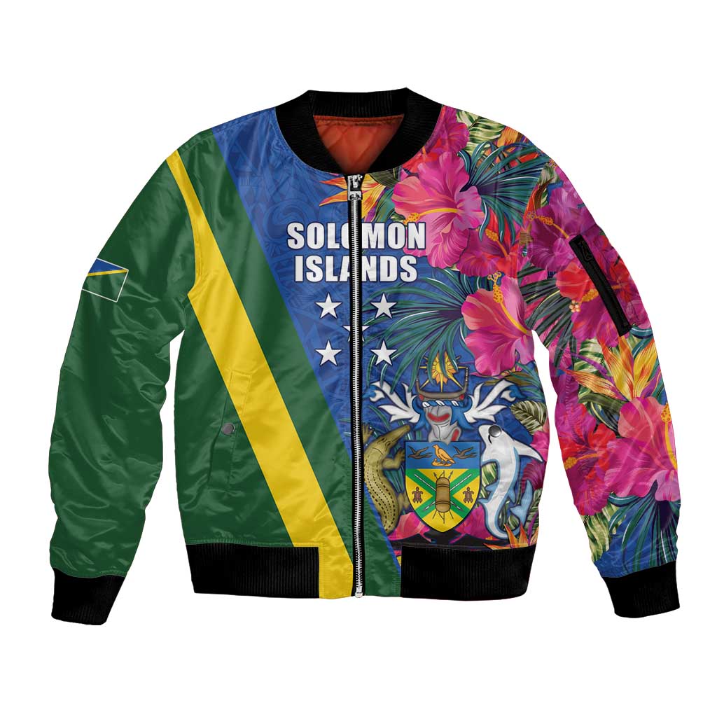 Solomon Islands Independence Day Sleeve Zip Bomber Jacket Coat Of Arms With Tropical Flowers LT05 Unisex Blue - Polynesian Pride