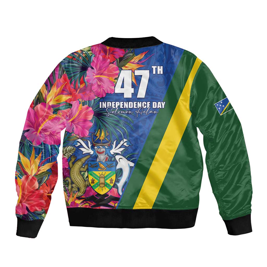 Solomon Islands Independence Day Sleeve Zip Bomber Jacket Coat Of Arms With Tropical Flowers LT05 - Polynesian Pride