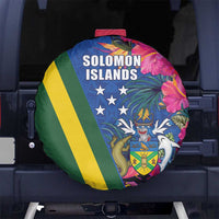 Solomon Islands Independence Day Spare Tire Cover Coat Of Arms With Tropical Flowers