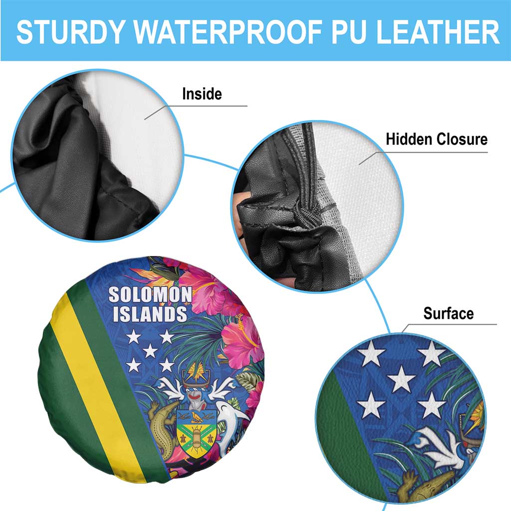 Solomon Islands Independence Day Spare Tire Cover Coat Of Arms With Tropical Flowers