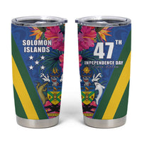 Solomon Islands Independence Day Tumbler Cup Coat Of Arms With Tropical Flowers LT05 Blue - Polynesian Pride