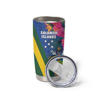 Solomon Islands Independence Day Tumbler Cup Coat Of Arms With Tropical Flowers LT05 - Polynesian Pride