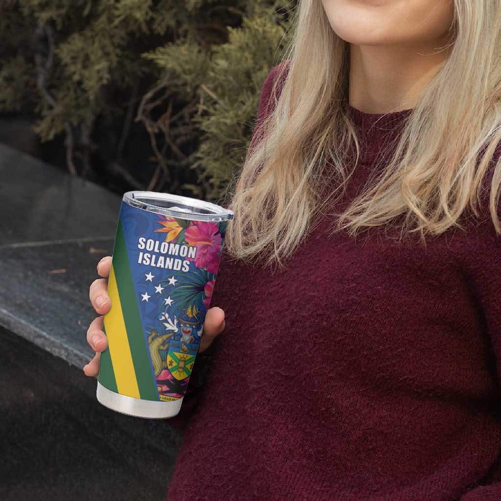 Solomon Islands Independence Day Tumbler Cup Coat Of Arms With Tropical Flowers LT05 - Polynesian Pride
