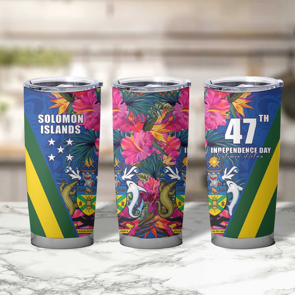 Solomon Islands Independence Day Tumbler Cup Coat Of Arms With Tropical Flowers LT05 - Polynesian Pride