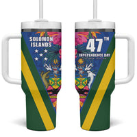 Solomon Islands Independence Day Tumbler With Handle Coat Of Arms With Tropical Flowers