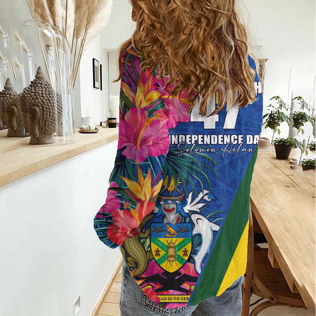 Solomon Islands Independence Day Women Casual Shirt Coat Of Arms With Tropical Flowers