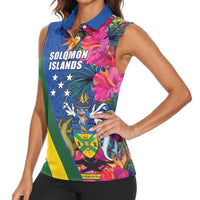 Solomon Islands Independence Day Women Sleeveless Polo Shirt Coat Of Arms With Tropical Flowers