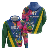 Solomon Islands Independence Day Zip Hoodie Coat Of Arms With Tropical Flowers
