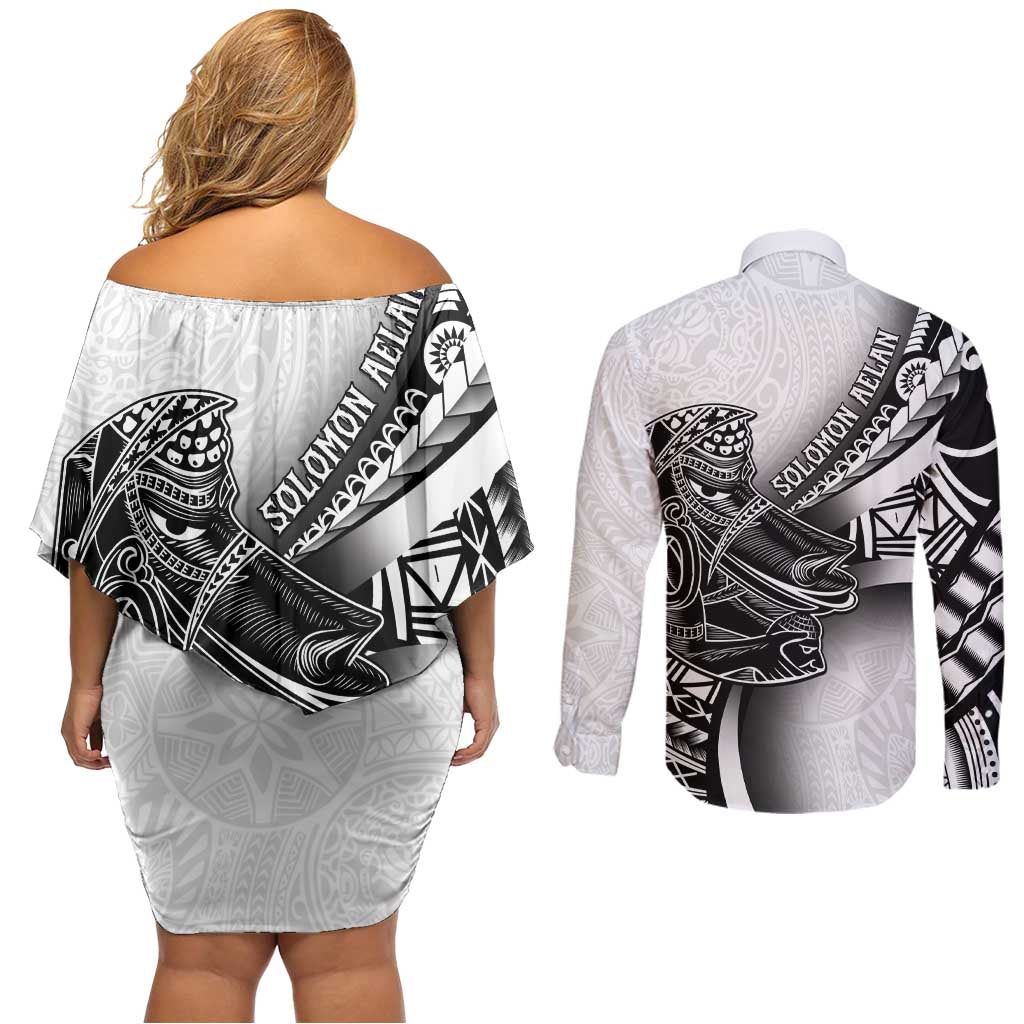 Solomon Islands Nguzunguzu Couples Matching Off Shoulder Short Dress and Long Sleeve Button Shirt Polynesian Tribal Pattern